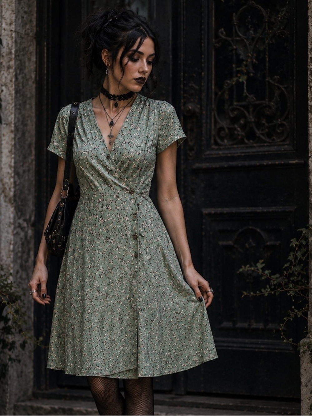 Blue Rain Sage Green Floral Wrap Style Midi Dress Cottagecore 90s Large